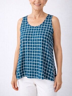 Banana Republic Teal Grid Print Sleeveless Tank - Size Small Petite